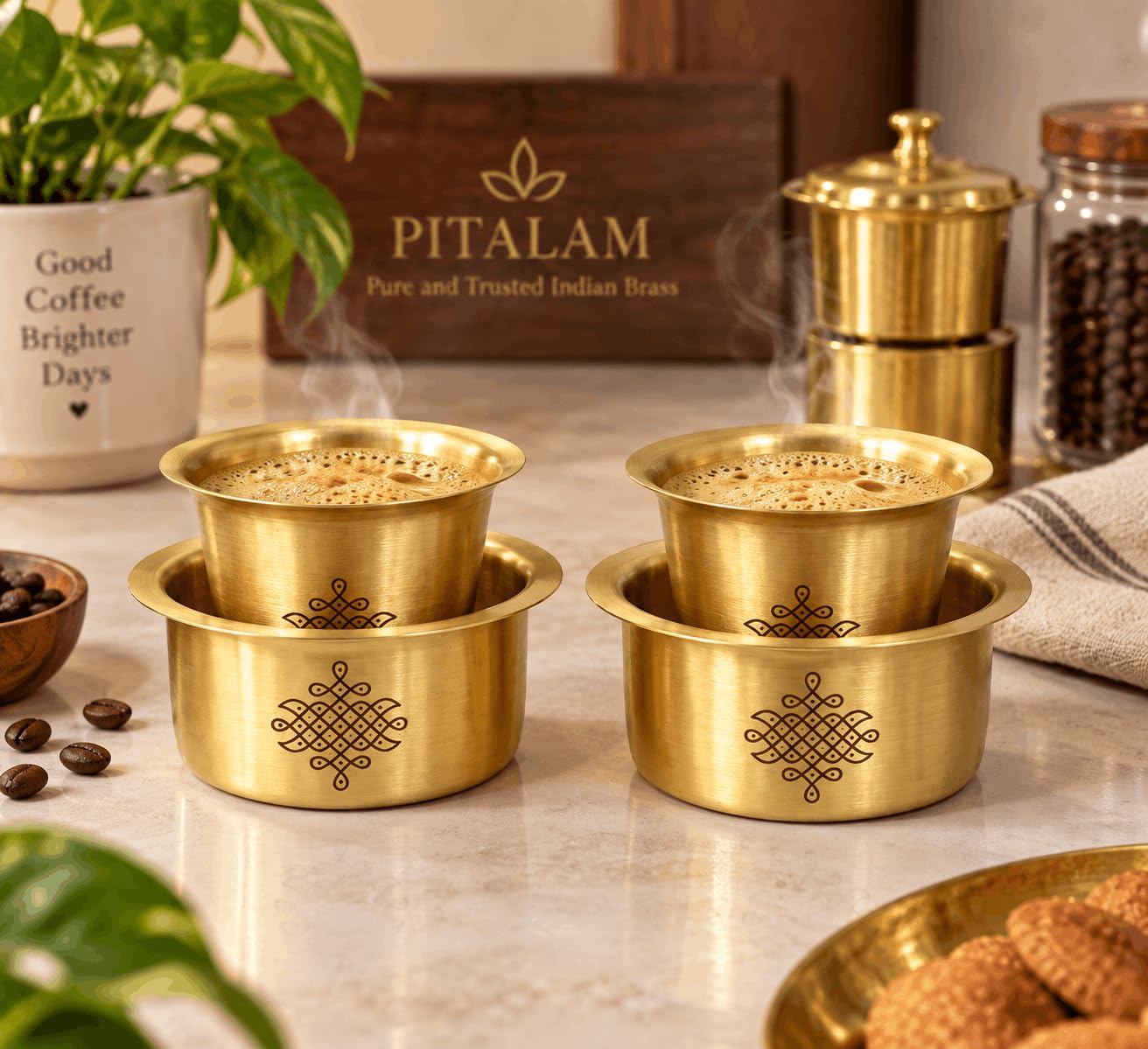 PITALAM 100% Pure Brass Tumblers & Saucers (Dabara Set) Set of 2 with Holders, 3 Inch 6