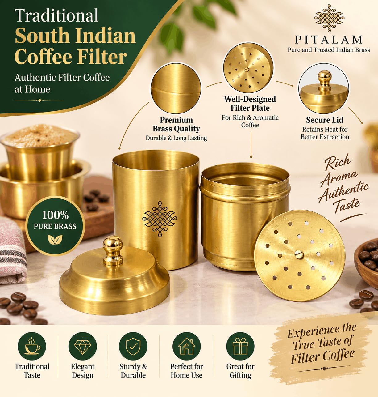PITALAM 100% Pure Brass South Indian Filter Coffee Set 4