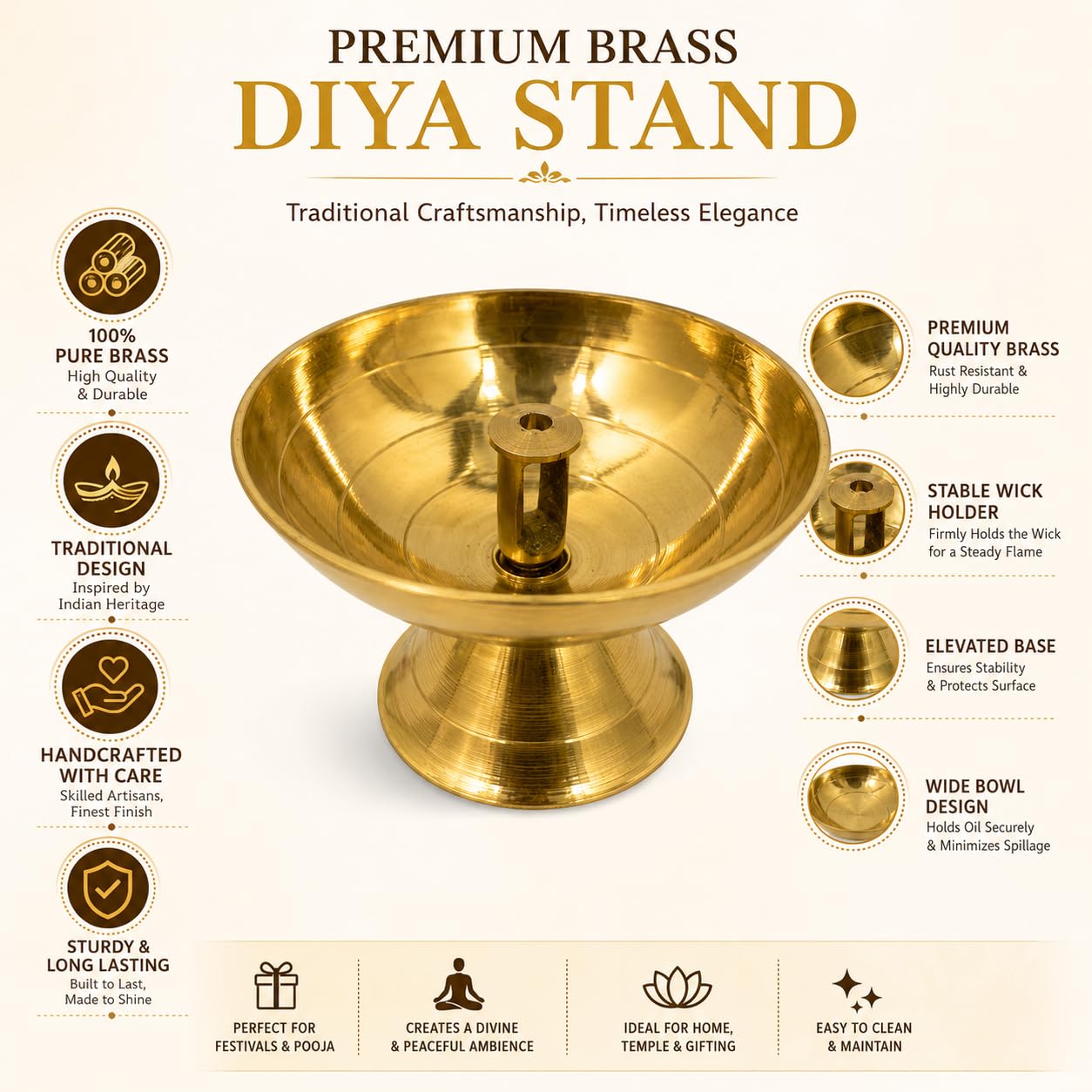 PITALAM | 100% Pure Brass Paro Diya 2.4 inches – Traditional Oil Lamp for Puja, Diwali Decoration, Home Temple & Spiritual Rituals (Single Piece) 8