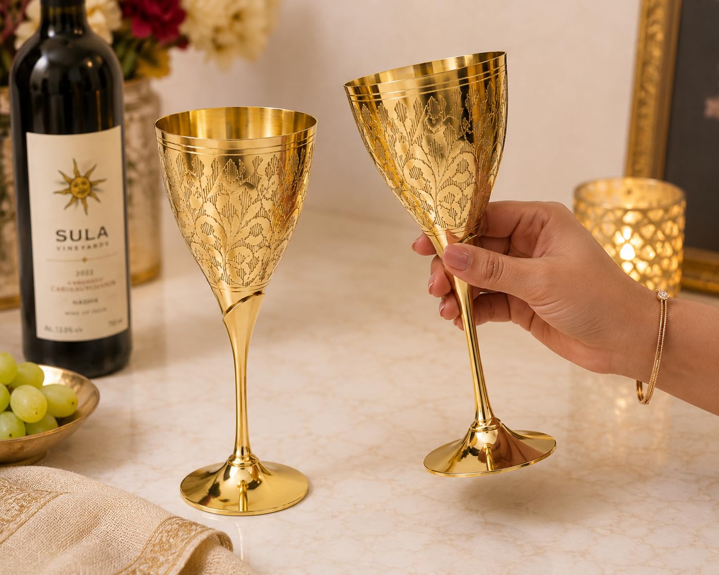 PITALAM | Pure Brass Wine Glass Set of 2, Hand Engraved Goblets, Weighted 6
