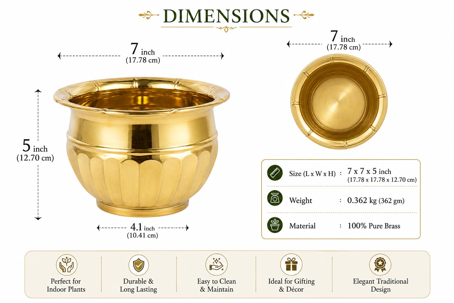 PITALAM 100% Pure Brass Round Planter Pot, 17.78 x 12.70 cm 4