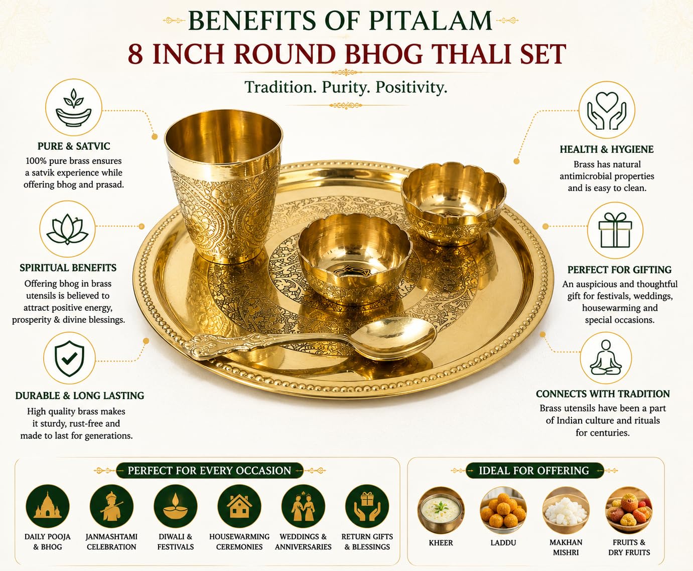 PITALAM 100% Pure Brass Round Bhog Thali/Pooja Plate 8 Inch (5, Round Pure Brass 8 Inch Bhog Thali) 4