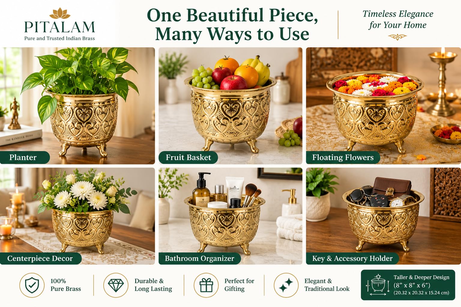 PITALAM 100% Pure Brass Decorative Planter Pot, 26 cm 3