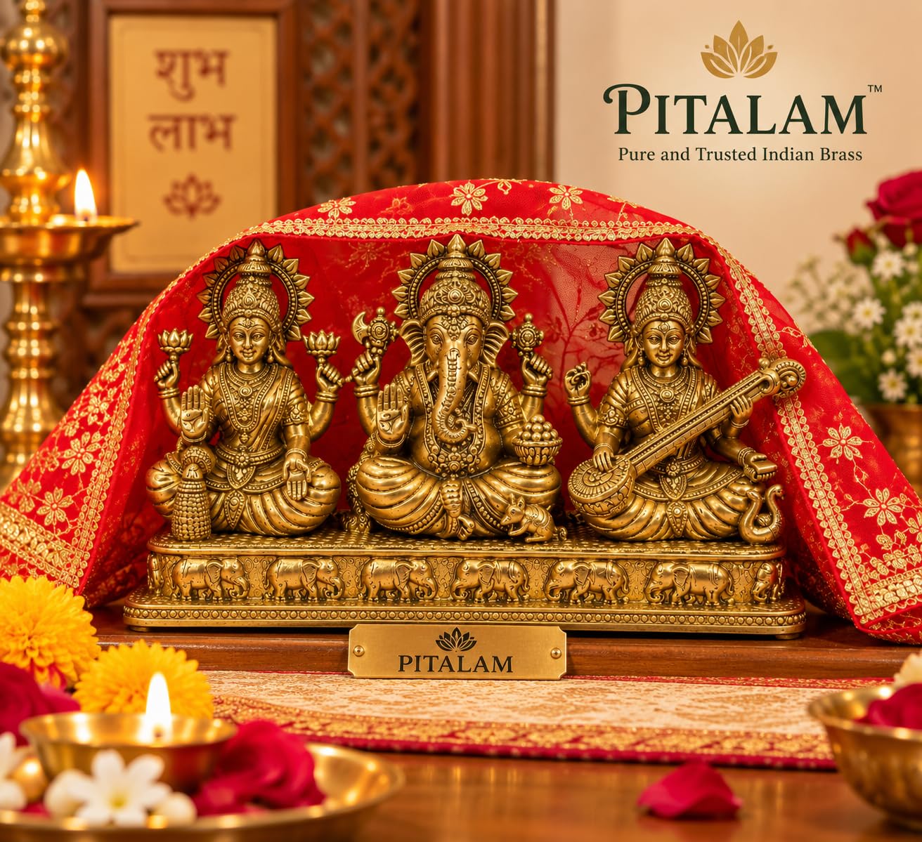 PITALAM 100% Pure Brass Lakshmi Ganesha Saraswati Idol, 5.5 x 3 inch 2