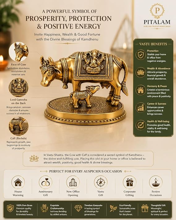 Brass Kamdhenu Cow and Calf Idol Vastu Showpiece | 100% Pure Brass, Handcrafted Detailing, 4 x 6.4 x 6.4 cm, Vastu Friendly, Home Temple Decor 4