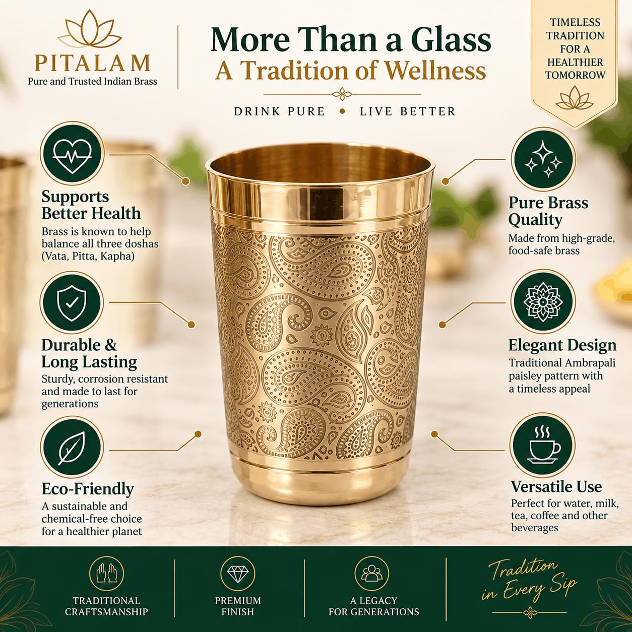 100% Pure Brass Heavy Ambrapali Brass Drinking Glass Set of 6, 250-300 ml 3