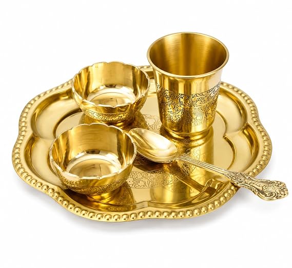 Brass Bhog Thali Set with 2 Bowls, Glass & Spoon | Handcrafted Brass, Floral Engraving, Puja & Temple Use, Beaded Rim Thali, 5-Piece Set