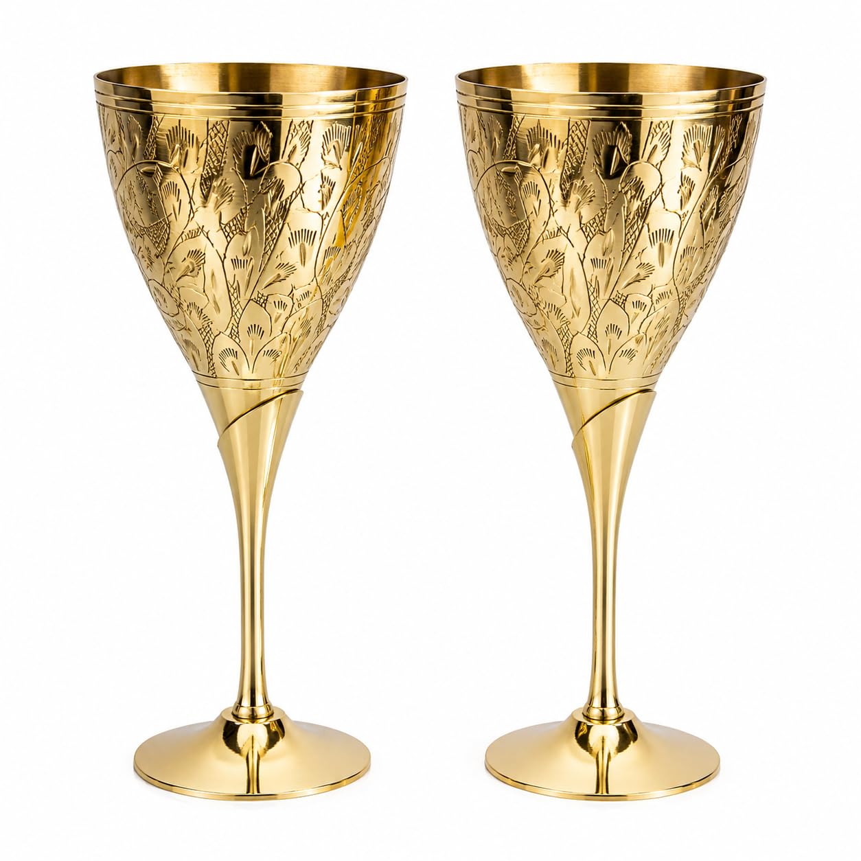 PITALAM | Pure Brass Wine Glass Set of 2, Hand Engraved Goblets, Weighted