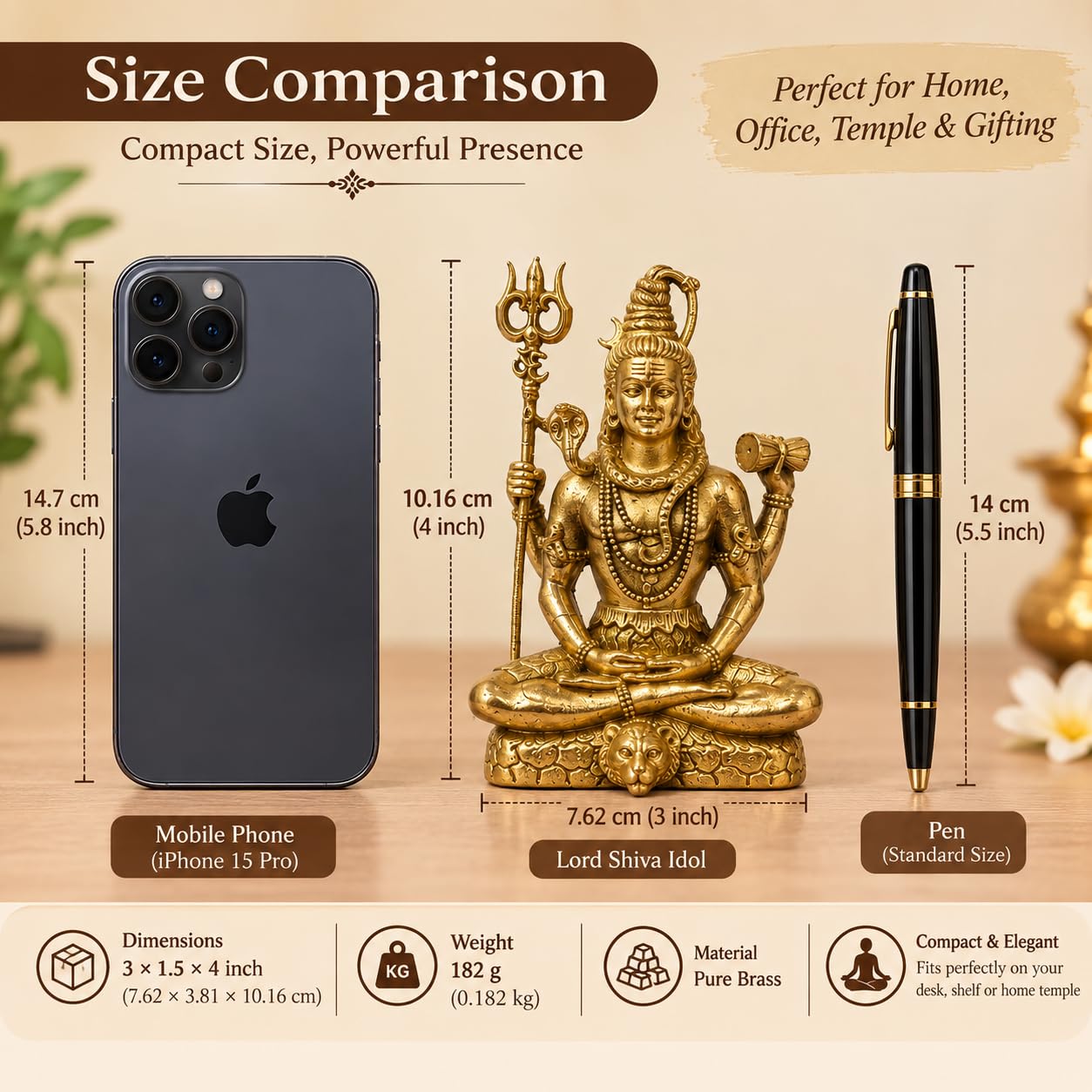 PITALAM 100% Pure Brass Lord Shiva Idol with Trishul & Damru, 4 inch 3