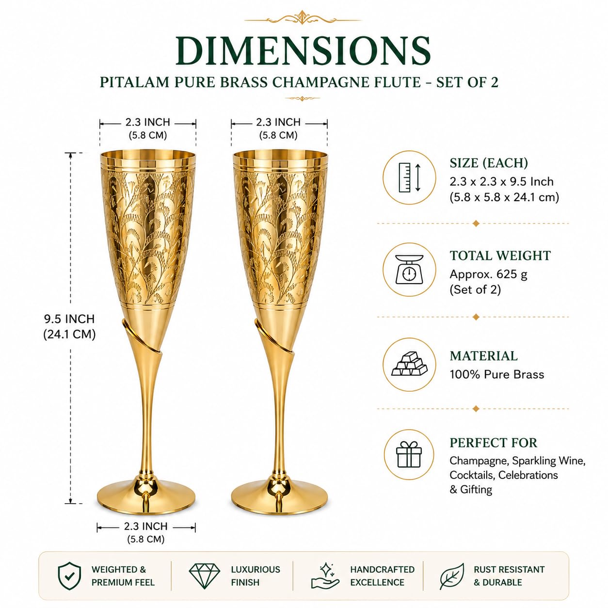 PITALAM | 100% Pure Brass Premium Champagne Flute Set of 2, Weighted 4