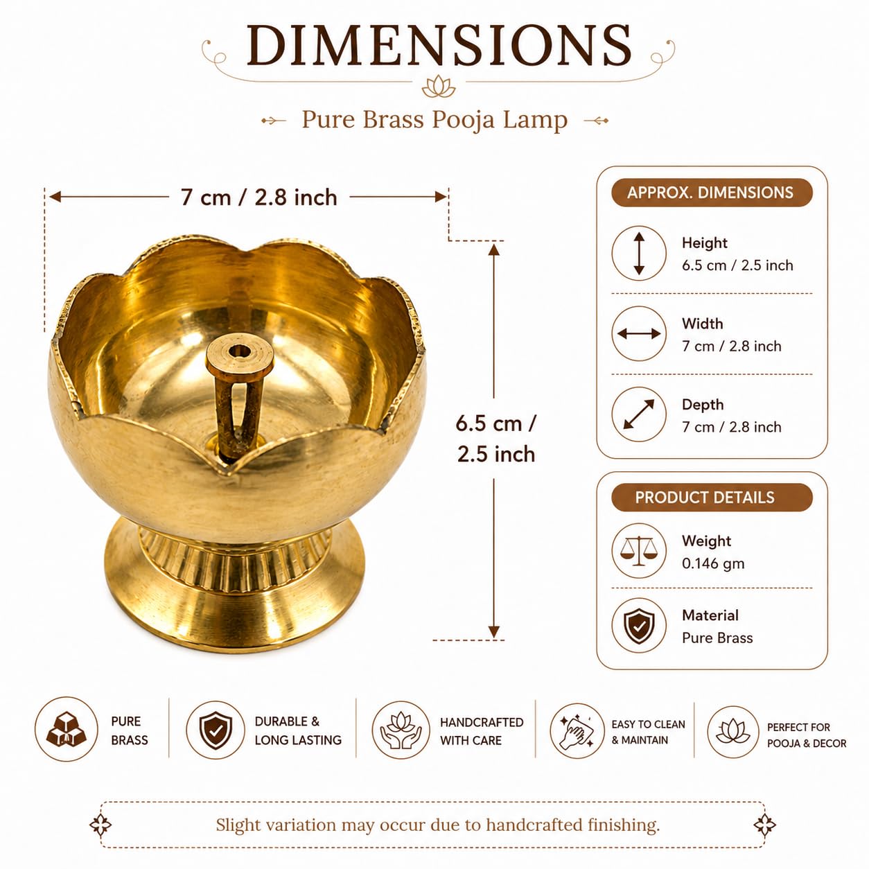 PITALAM | 100% Pure Brass Flower Diya Medium – Decorative Oil Lamp for Home Temple, Puja, Diwali Decoration & Spiritual Rituals (Single Piece) 3
