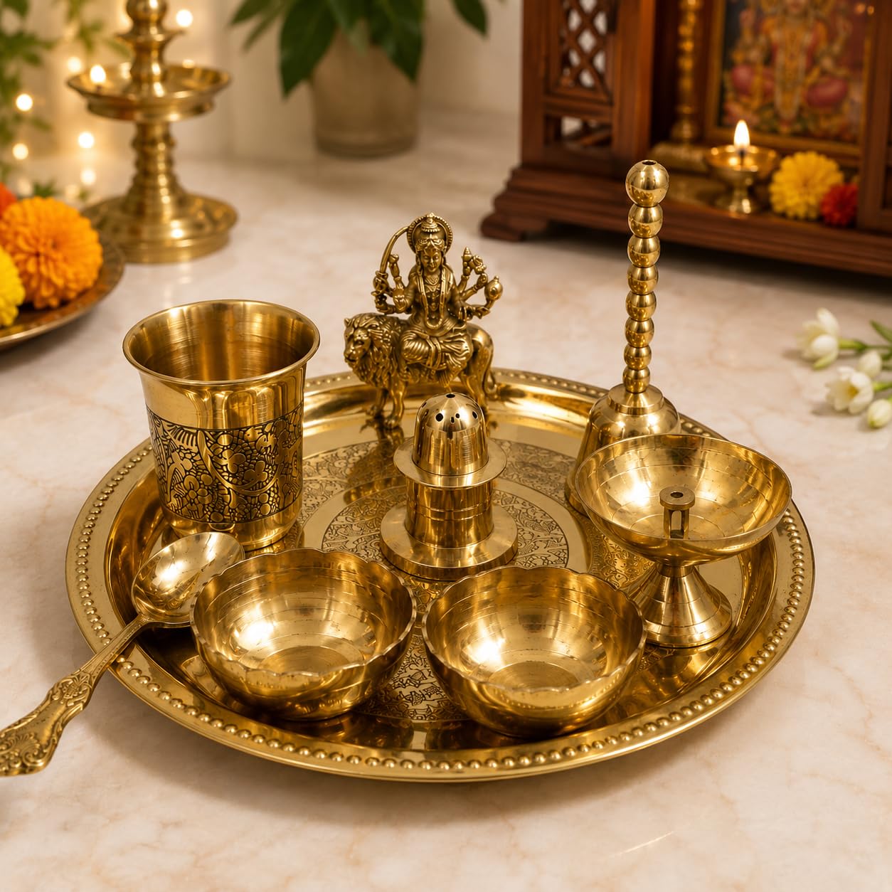 PITALAM 100% Pure Brass Round Bhog Thali/Pooja Plate 8 Inch (9, Arti Plate with Sherowali MATA Idol (9 Items)) 6