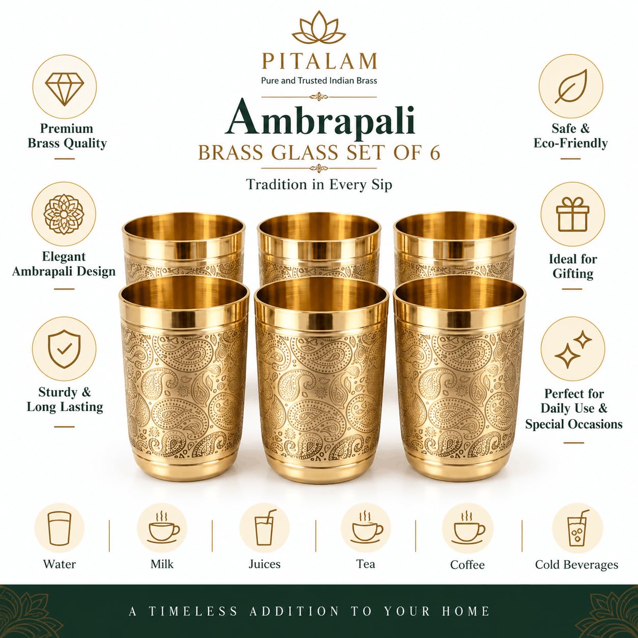 100% Pure Brass Heavy Ambrapali Brass Drinking Glass Set of 6, 250-300 ml 6