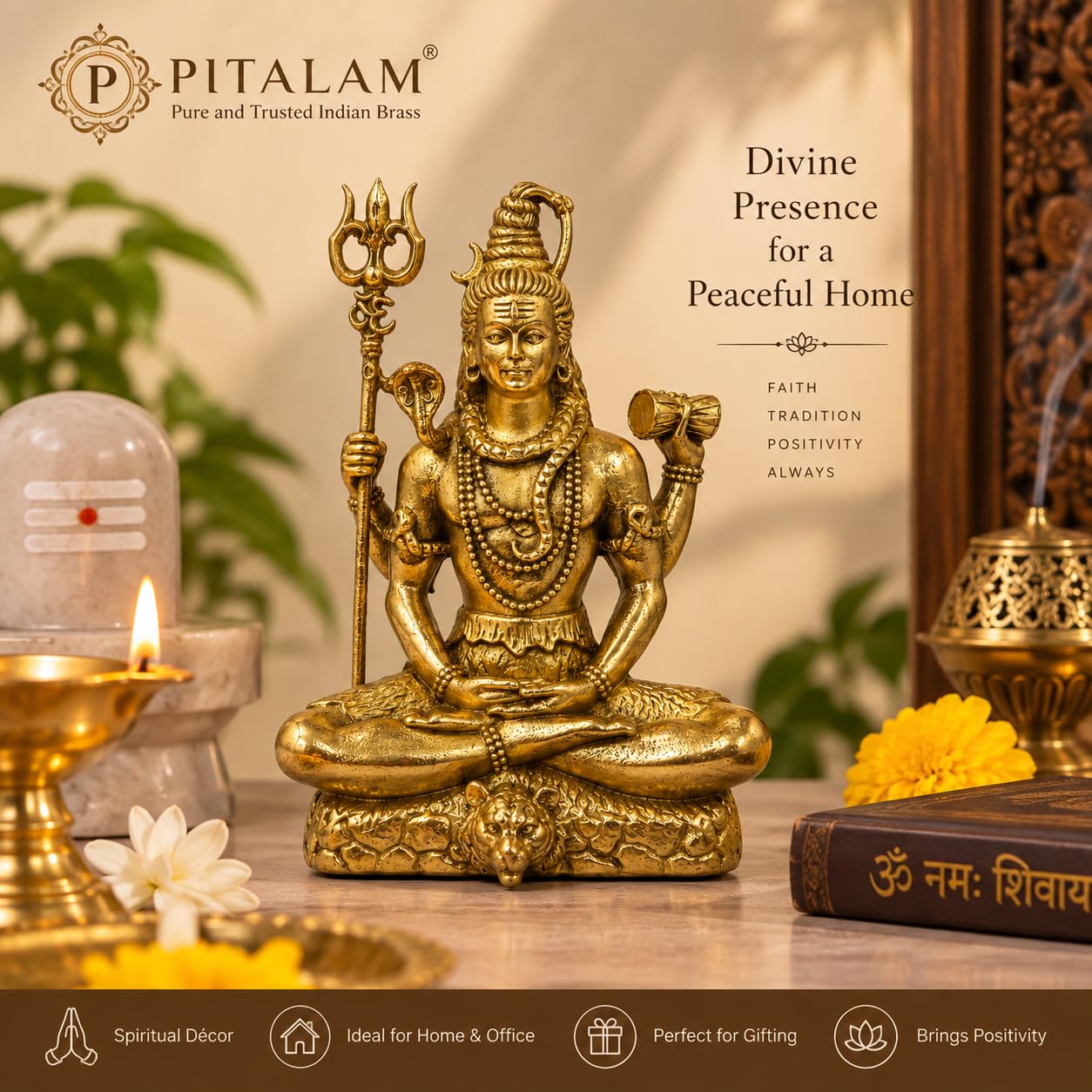 PITALAM 100% Pure Brass Lord Shiva Idol with Trishul & Damru, 4 inch 2