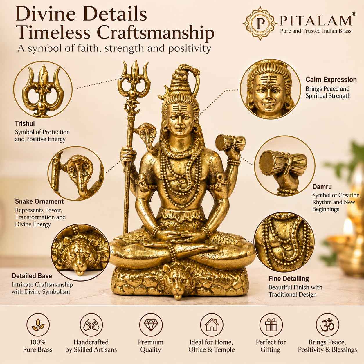 PITALAM 100% Pure Brass Lord Shiva Idol with Trishul & Damru, 4 inch 5