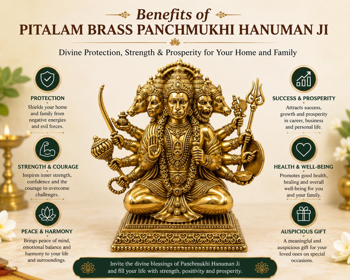 PITALAM Pure Brass Panchmukhi Hanuman Idol 5 Inch 3