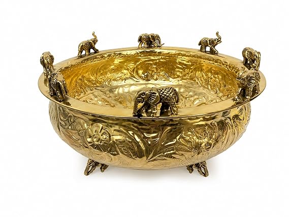 Brass Elephant Urli Bowl 10.2 Inch Floating Flower Bowl | Handcrafted Design, Floral Embossed Exterior, Footed Base, Festivals & Weddings, 26 x 14 CM