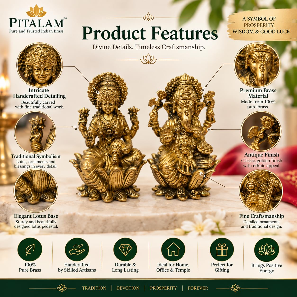 PITALAM Brass Lakshmi Ganesh Idol Set, 7.62 x 3.05 x 5.08 cm 5