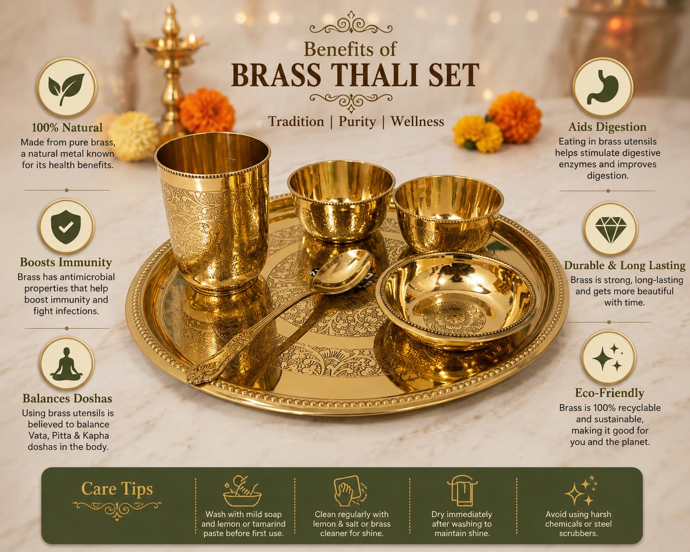 PITALAM | 100% Pure Premium Brass Dinner Thali Set | 12 Inch Traditional Dining Set with 3 Bowls, 1 Glass & 1 Spoon |Festive Dining & Gifting | 1.12 kg Weight 5