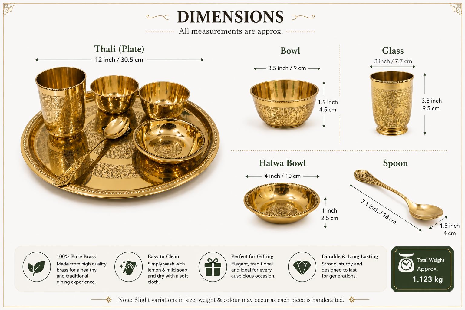 PITALAM | 100% Pure Premium Brass Dinner Thali Set | 12 Inch Traditional Dining Set with 3 Bowls, 1 Glass & 1 Spoon |Festive Dining & Gifting | 1.12 kg Weight 4