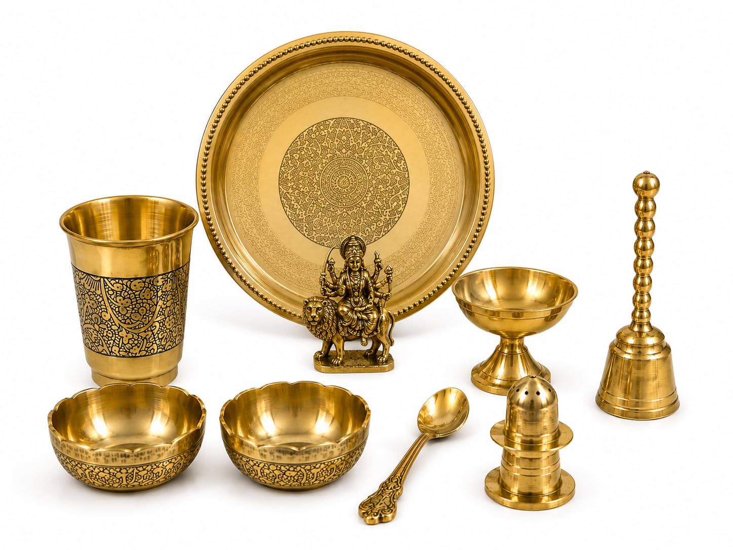 PITALAM 100% Pure Brass Round Bhog Thali/Pooja Plate 8 Inch (9, Arti Plate with Sherowali MATA Idol (9 Items)) 4
