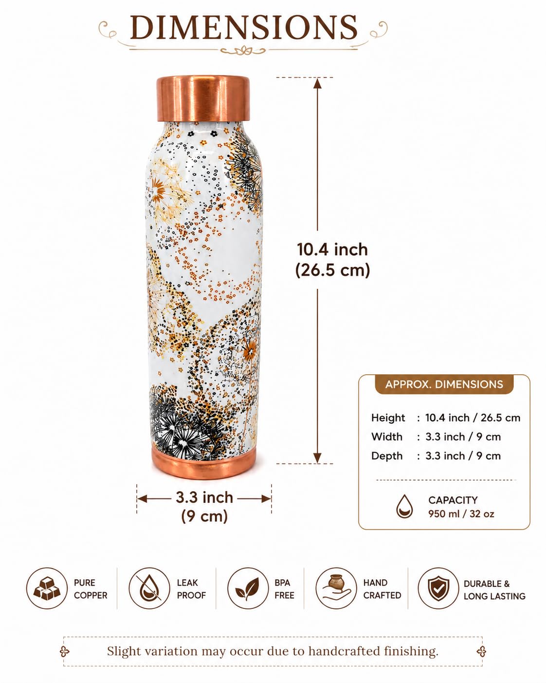 PITALAM | 100% Copper Water Bottle | 950ml | Pure Copper Drinking Bottle for Ayurvedic Water Storage, Health & Daily Hydration 3