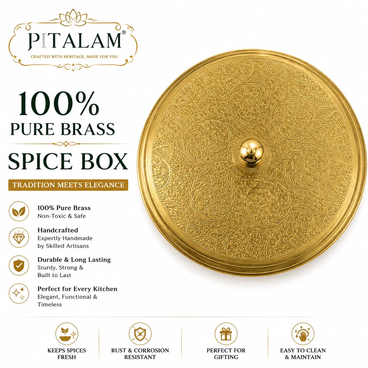PITALAM 100% Pure Brass Spice Box for Kitchen with Spoon | 7 Containers Masala Box | Handcrafted Masala Dabba, Masaledani & Spice Storage Box | 1605 ml | Gold 6