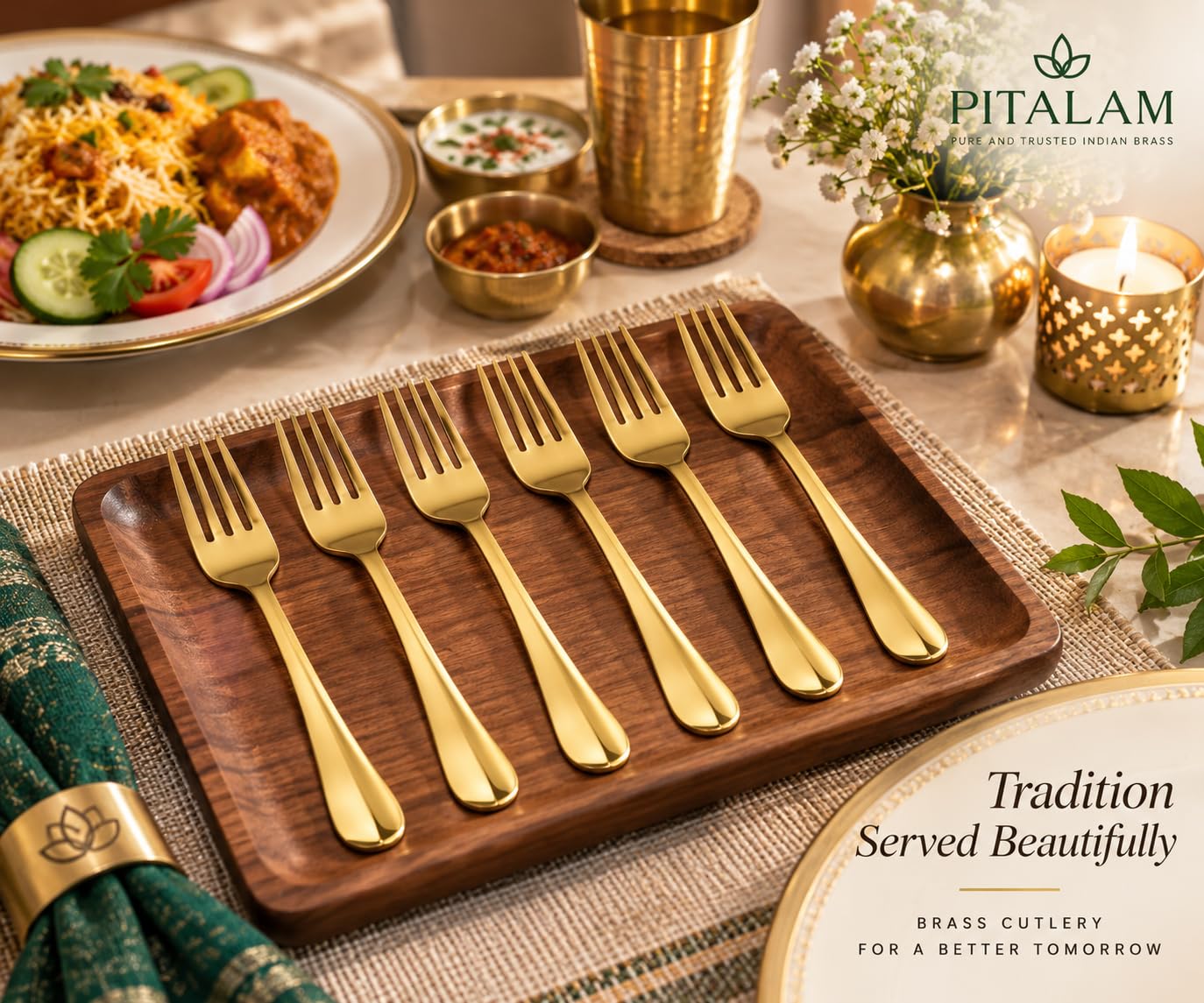 PITALAM 100% Pure Brass Fork Set of 6, 7.5 Inch 5