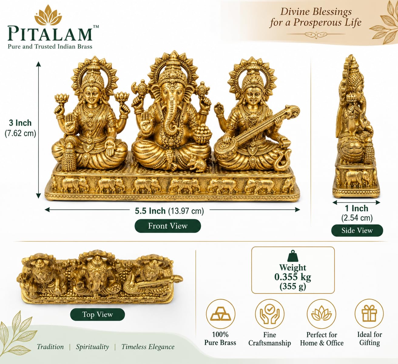 PITALAM 100% Pure Brass Lakshmi Ganesha Saraswati Idol, 5.5 x 3 inch 3