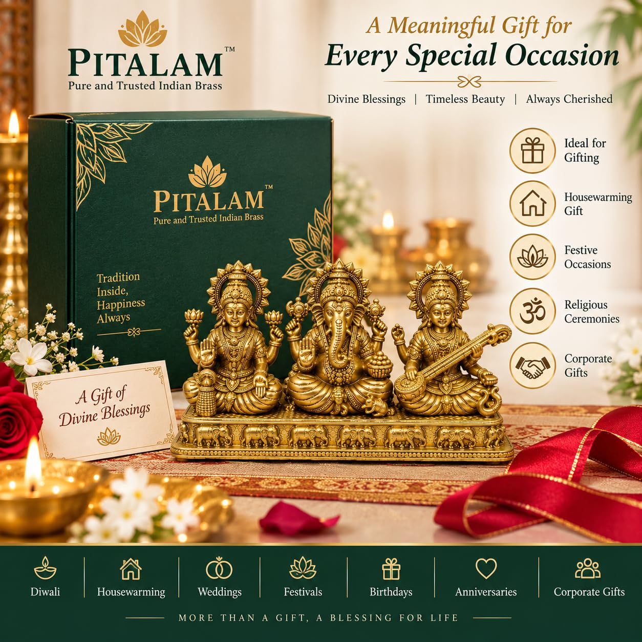 PITALAM 100% Pure Brass Lakshmi Ganesha Saraswati Idol, 5.5 x 3 inch 5