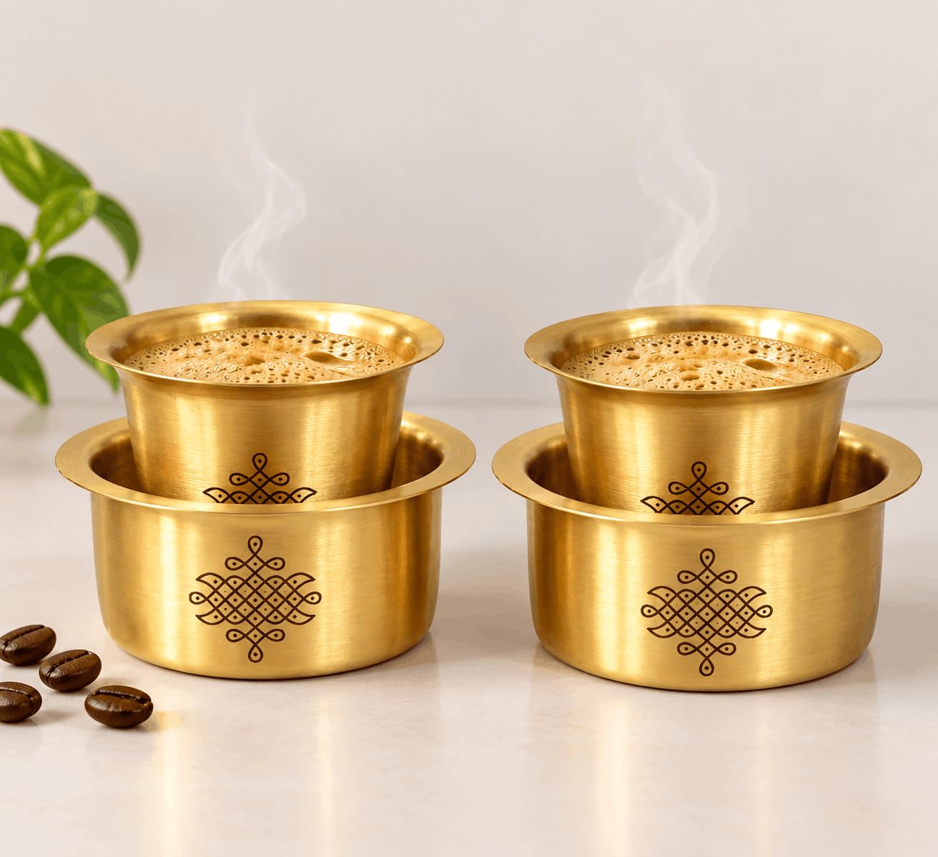 PITALAM 100% Pure Brass Tumblers & Saucers (Dabara Set) Set of 2 with Holders, 3 Inch 5