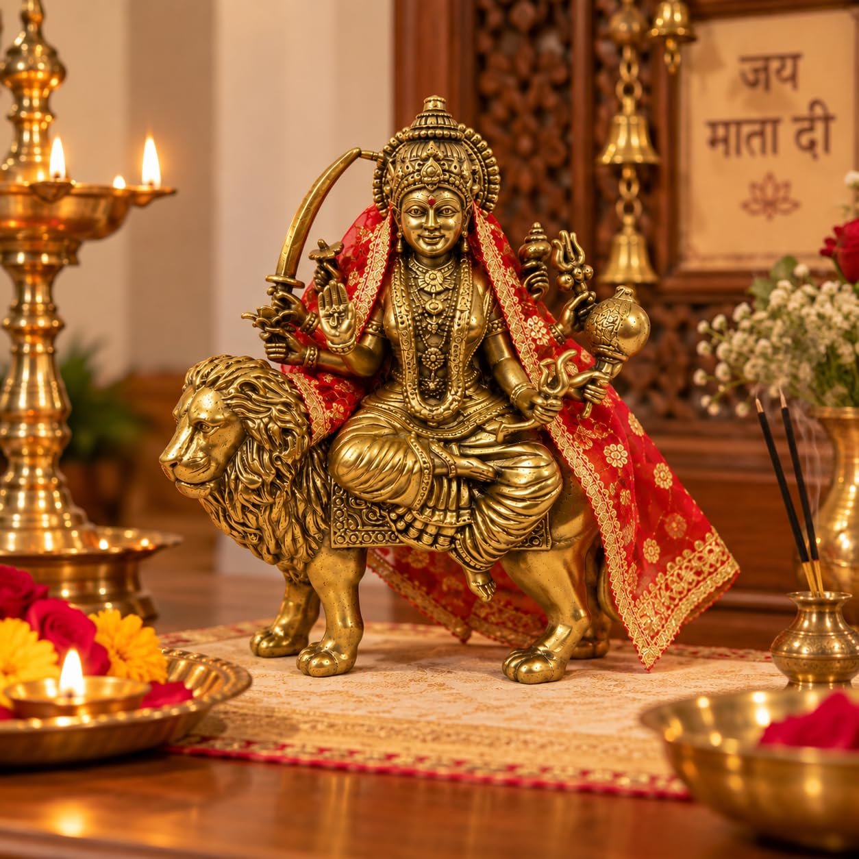 PITALAM Maa Durga 100% Pure Brass Idol Seated on Lion, 2.8 inch 4