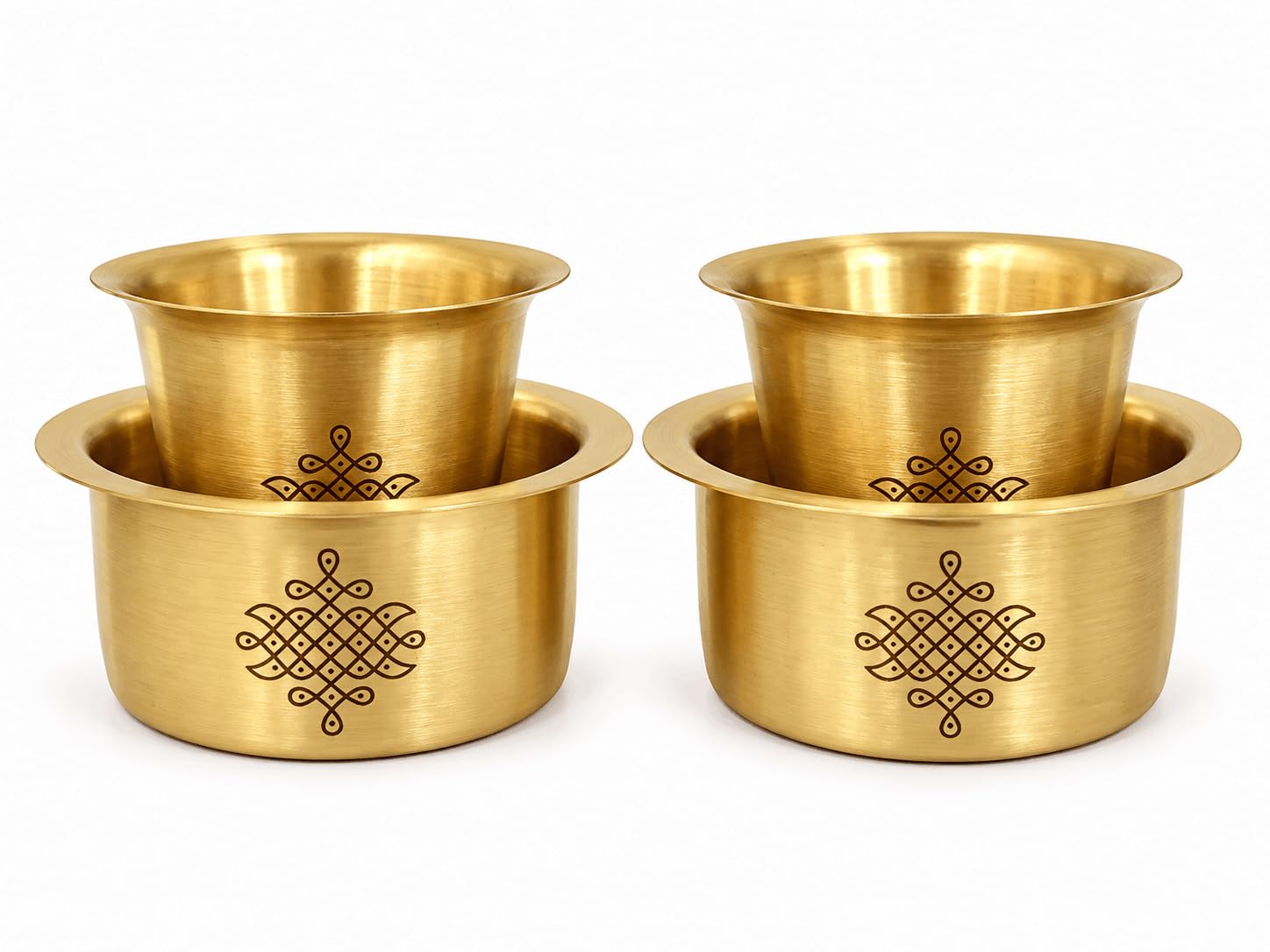 PITALAM 100% Pure Brass Tumblers & Saucers (Dabara Set) Set of 2 with Holders, 3 Inch