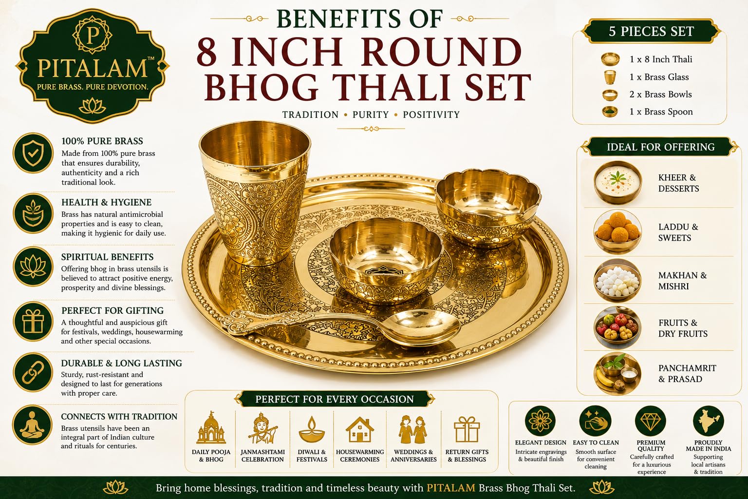 PITALAM 100% Pure Brass Round Bhog Thali/Pooja Plate 8 Inch (5, Round Pure Brass 8 Inch Bhog Thali) 3