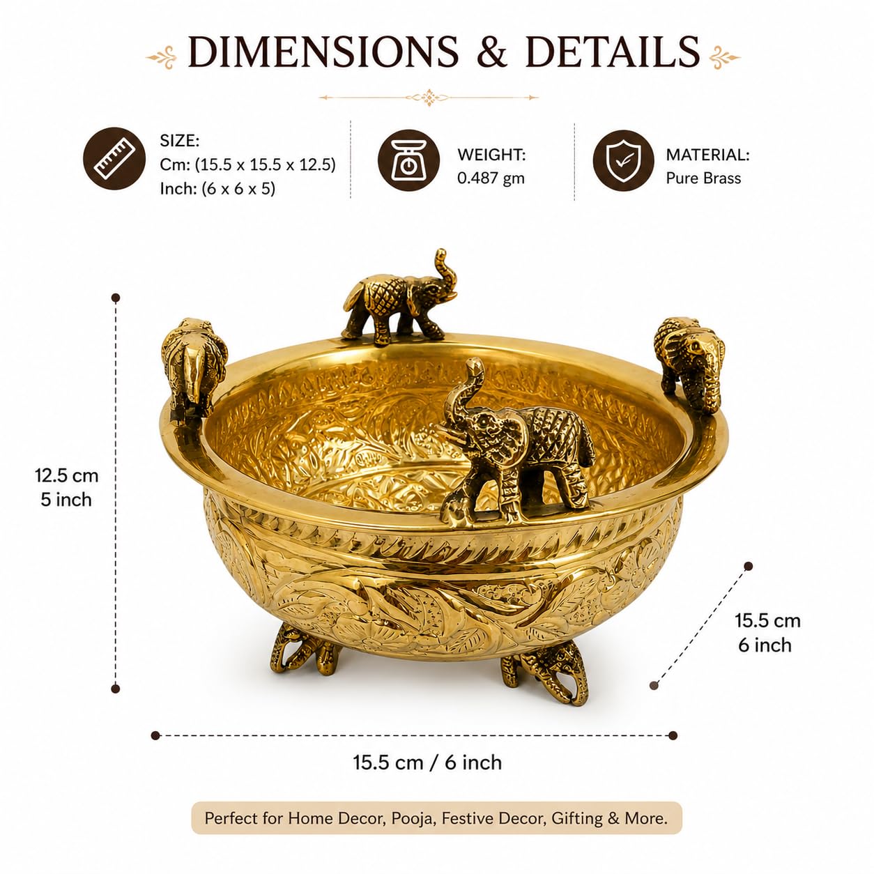 PITALAM | 100% Pure Brass Elephant Urli Bowl 6 Inch Floating Flower Bowl 2