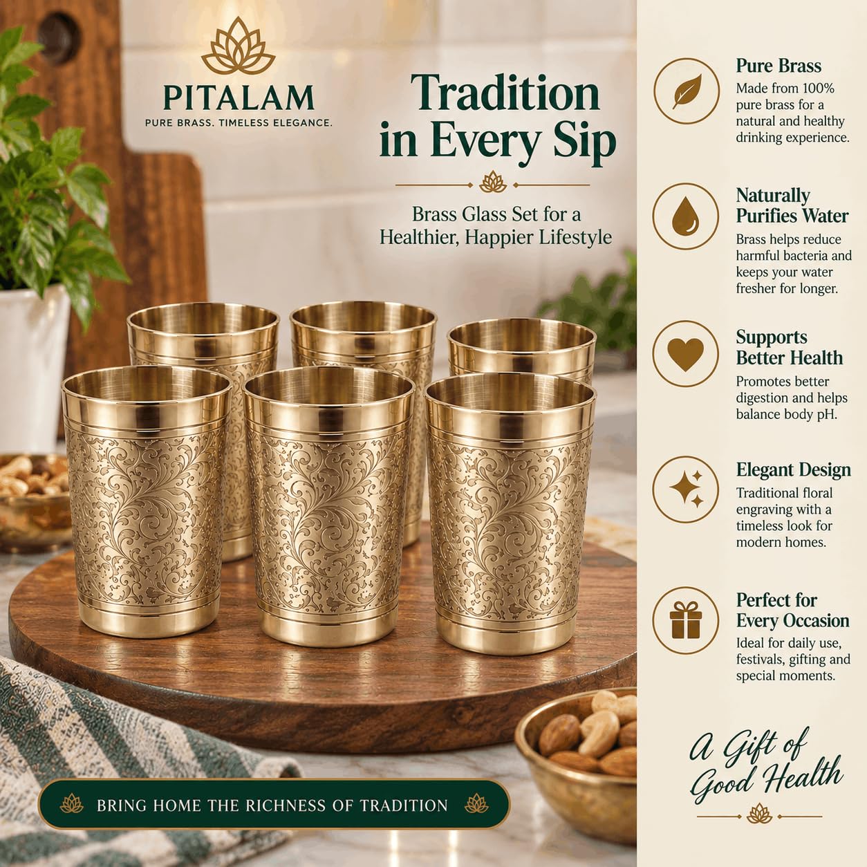PITALAM Flora Design Pure Brass Glass Set of 6, 4 Inch 5