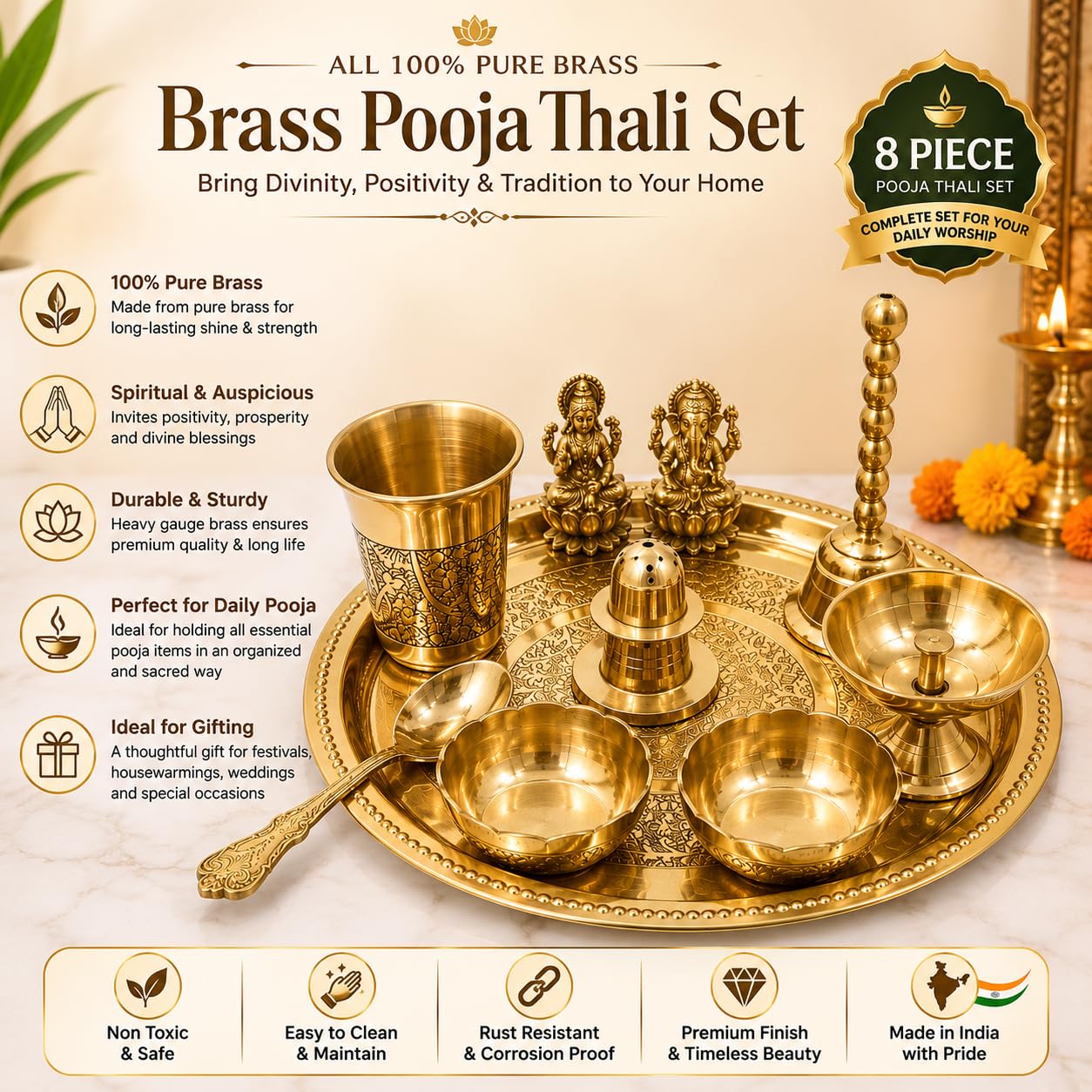 PITALAM 100% Pure Brass Round Bhog Thali/Pooja Plate 8 Inch (10, Arti Plate with Laxmi Ganesh Idol (10 Items)) 6