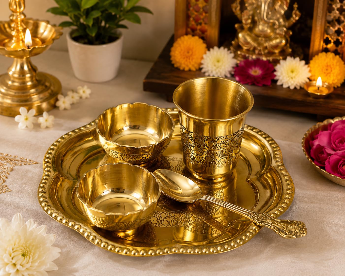 PITALAM 100% Pure Brass Bhog Thali Set with 2 Bowls, Glass & Spoon 5