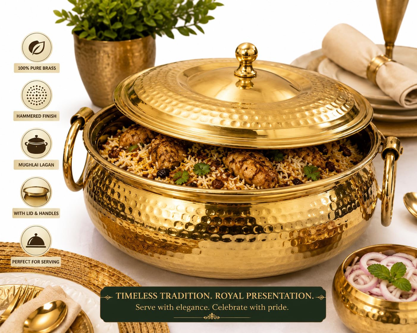 Pitalam Pure Brass Mughlai Lagan with Lid, 8x8x3.5 in 4
