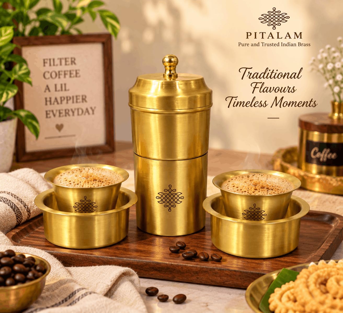 PITALAM 100% Pure Brass South Indian Filter Coffee Set 6