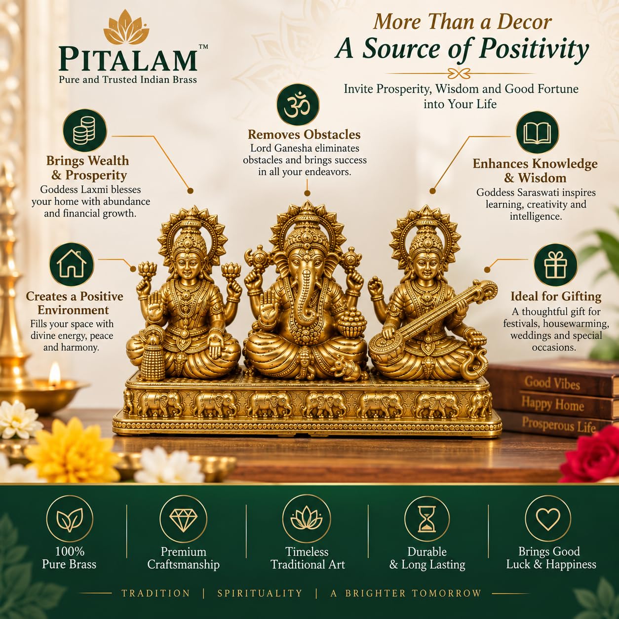 PITALAM 100% Pure Brass Lakshmi Ganesha Saraswati Idol, 5.5 x 3 inch 4