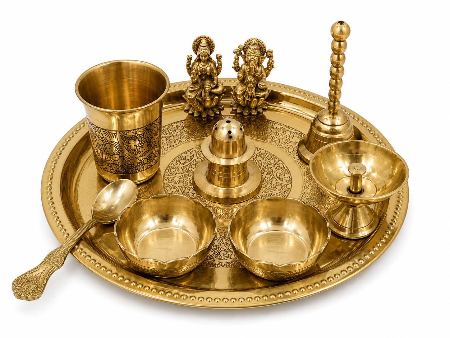 PITALAM 100% Pure Brass Round Bhog Thali/Pooja Plate 8 Inch (10, Arti Plate with Laxmi Ganesh Idol (10 Items))