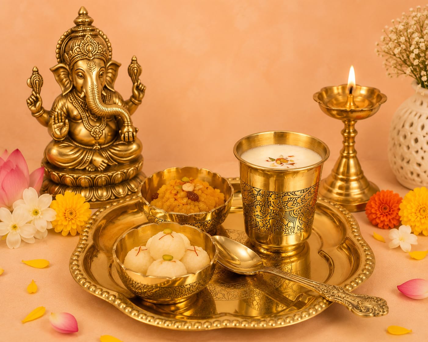 PITALAM 100% Pure Brass Bhog Thali Set with 2 Bowls, Glass & Spoon 2