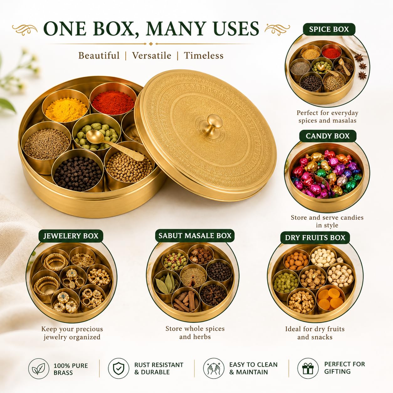 PITALAM Pure Brass Masala Dabba Spice Box with Spoon, 7 Containers 2