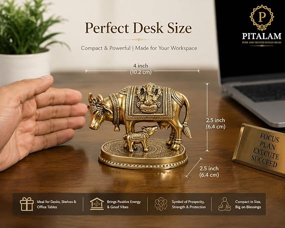 Brass Kamdhenu Cow and Calf Idol Vastu Showpiece | 100% Pure Brass, Handcrafted Detailing, 4 x 6.4 x 6.4 cm, Vastu Friendly, Home Temple Decor 2