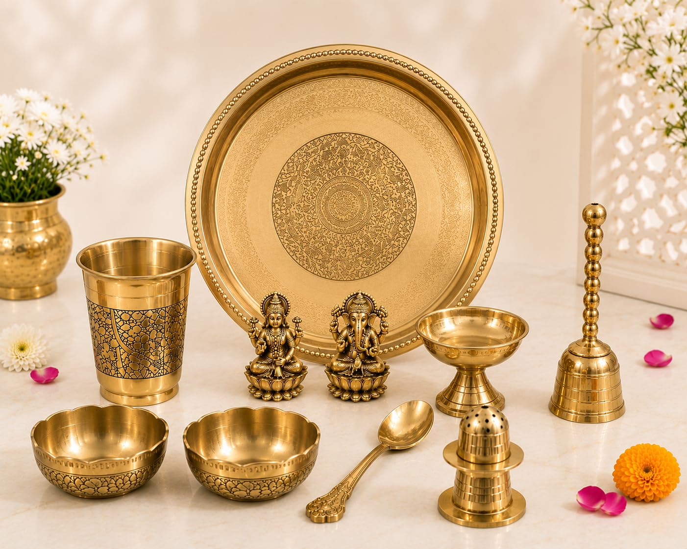 PITALAM 100% Pure Brass Round Bhog Thali/Pooja Plate 8 Inch (10, Arti Plate with Laxmi Ganesh Idol (10 Items)) 3