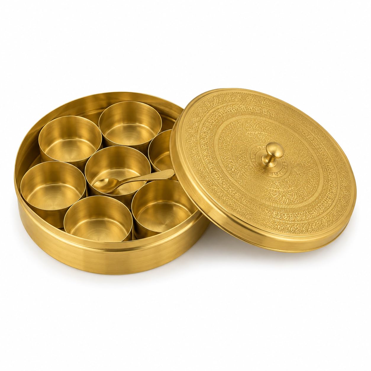 PITALAM Pure Brass Masala Dabba Spice Box with Spoon, 7 Containers