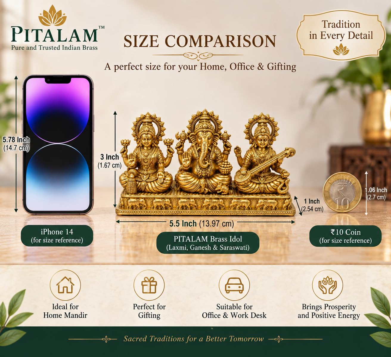PITALAM 100% Pure Brass Lakshmi Ganesha Saraswati Idol, 5.5 x 3 inch 7
