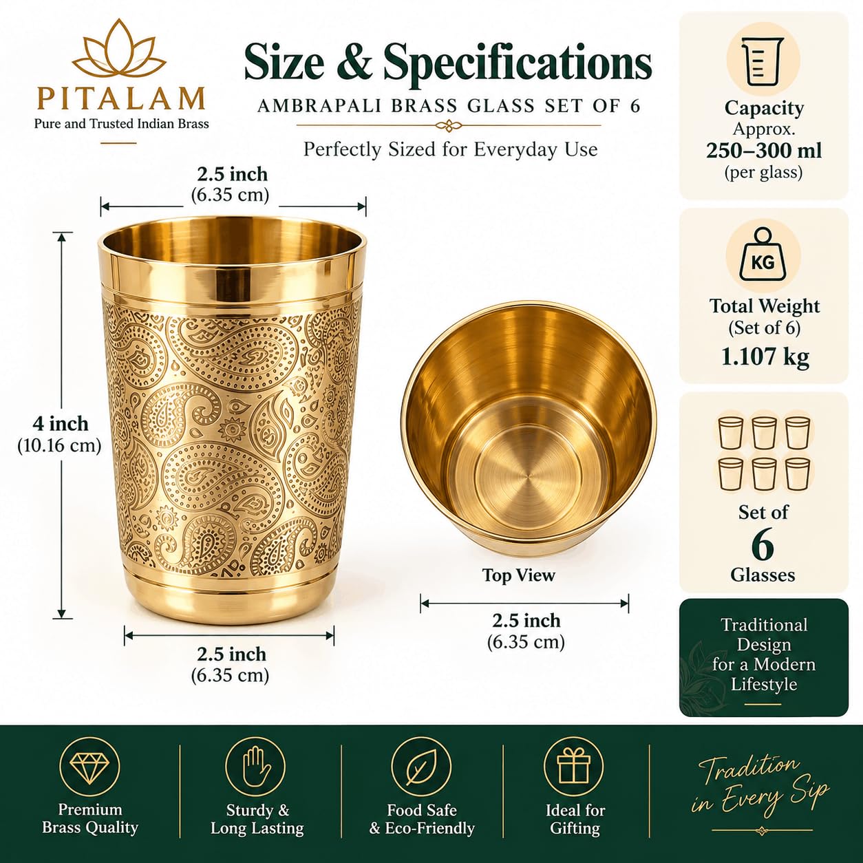 100% Pure Brass Heavy Ambrapali Brass Drinking Glass Set of 6, 250-300 ml 4
