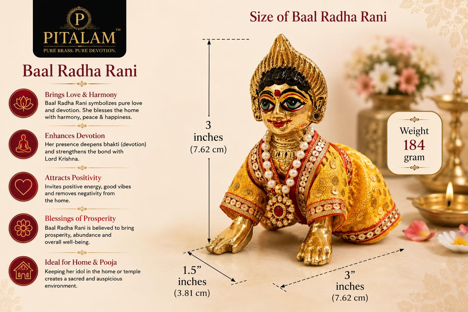 PITALAM Baal Radha Rani Brass Idol, 7.62 × 7.62 cm, Hand Painted 2